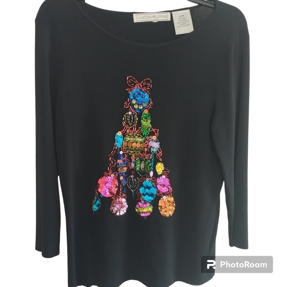 Lucia Burns Christmas Tree Beads & Sequins Top L
